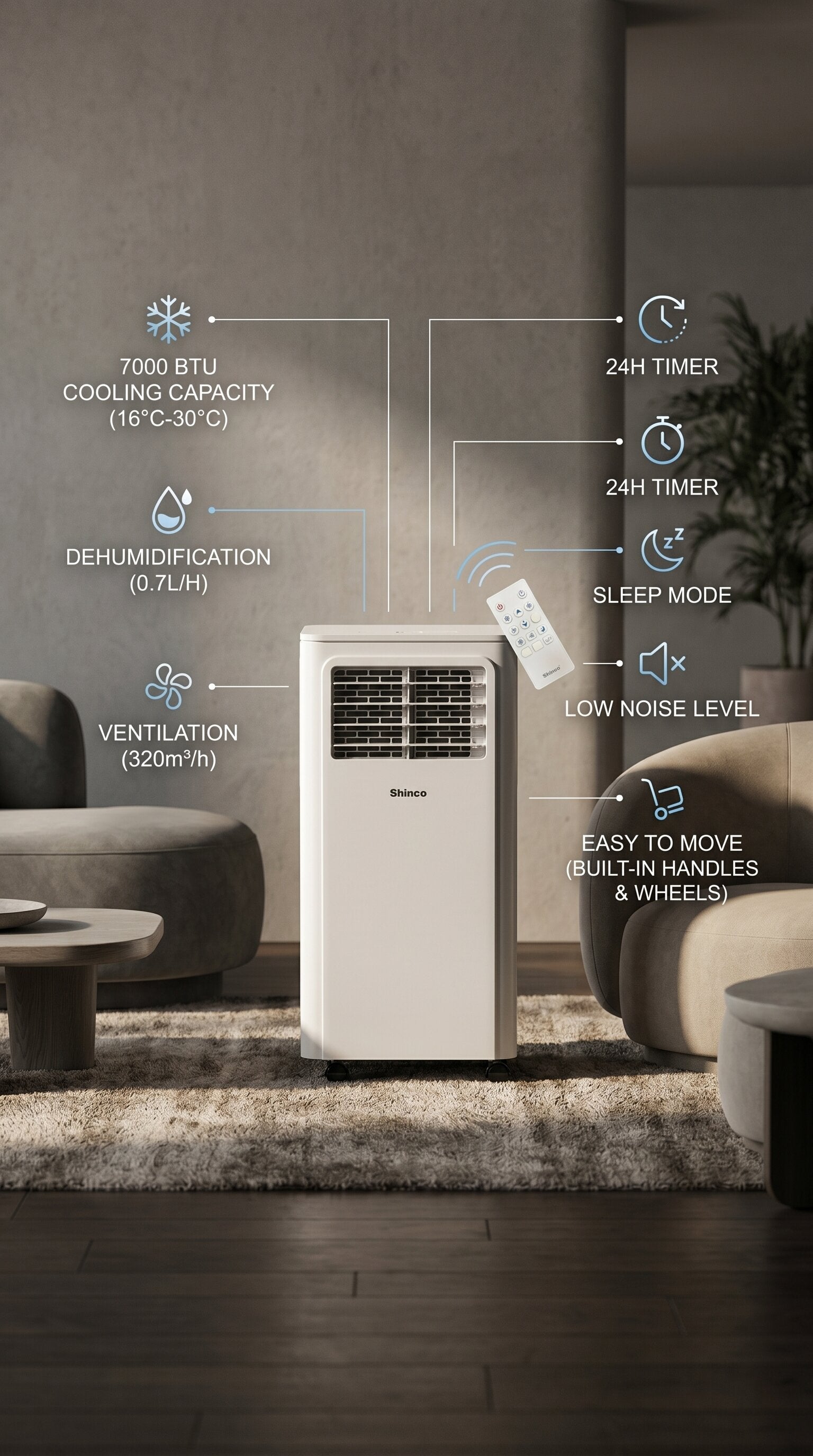 Portabel AC 7000 BTU (18m²) – Kylning, Fläkt & Avfuktare