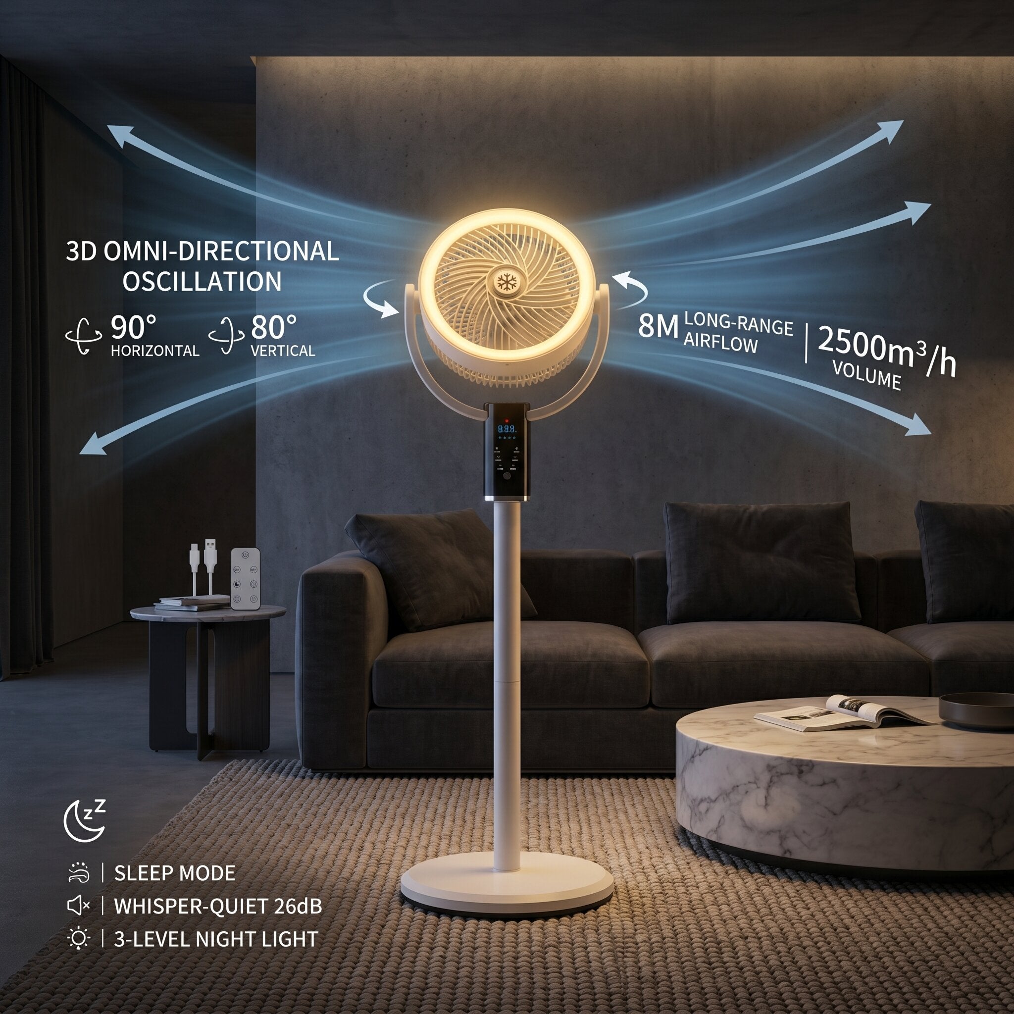 Tystgående golvfläkt med oscillation – 8 hastigheter & justerbar höjd